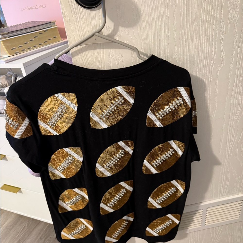 Black T-Shirt with Gold Sequin Footballs - Picture 2 of 3